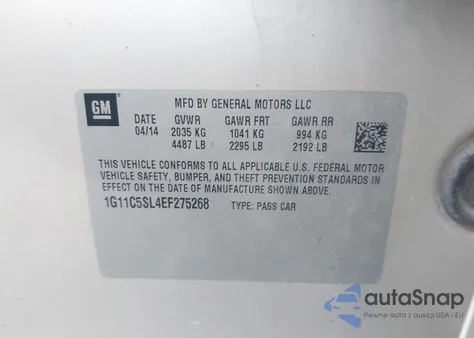 2014 Chevrolet Malibu 1Lt from USA, damaged, VIN 1G11C5SL4EF275268